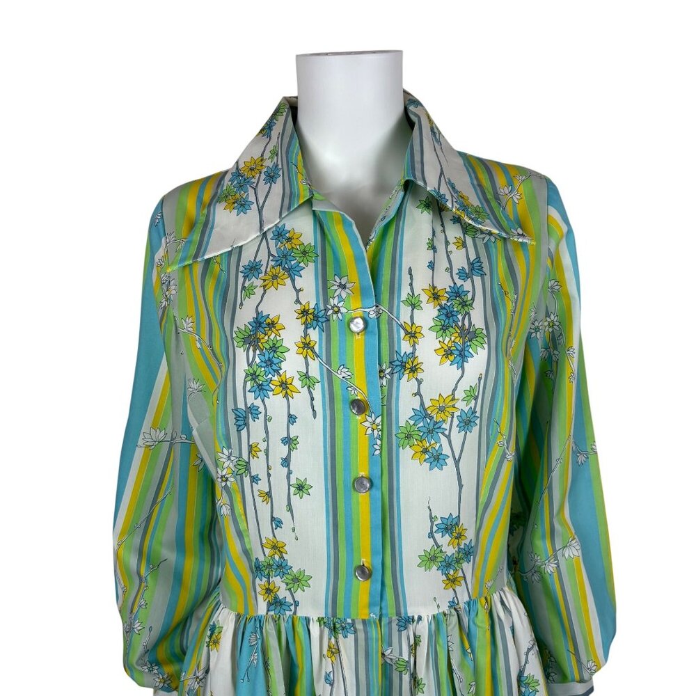 Vintage 60s Striped Dress Womens Large Blue Green Colorful Spring Shirtdress - Picture 13 of 13